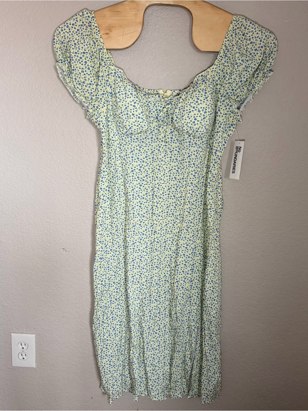No Boundaries Light Yellow Floral Midi Dress with Blue Print
